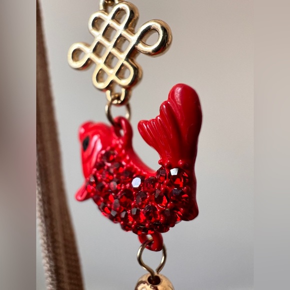 red fish pierced Dangle Earrings rheistones tassel with golden knot - Picture 4 of 8
